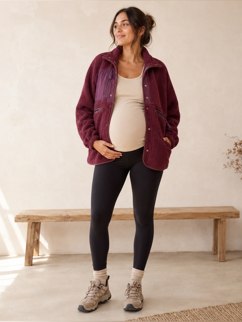 Free People Maternity Hit The Slopes Sherpa Jacket in Deep Maroon X Hatch NEW
